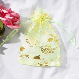 FAVORTALK Organza Gift Bags 100x150 mm 30Pcs Gold Rose Flower Medium Wedding Favour Bags Jewelry Pouches with Drawstring for Christmas,Wedding,Baby Shower, Anniversary (Gold Rose Patterned Green)