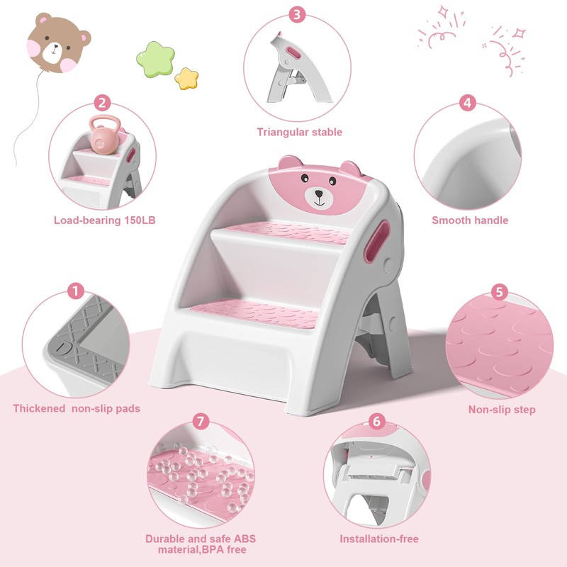 Folding Kids Step Stool for Bathroom and Potty Training,Anti-Slip, Anti-Tip