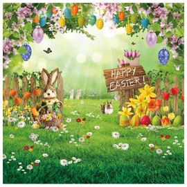 DHXXSC 10X10FT Spring Easter Backdrop Sunshine Garden Fence Rabbit Egg Decoration Photography Backdrops Flower Backdrop Children Adult Portrait Photo Props DH-1106