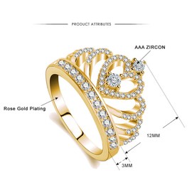 Princess Queen Crown Rings for Women Eternity Heart-Shaped Promise Ring Zircon Jewelry Gold 6.5