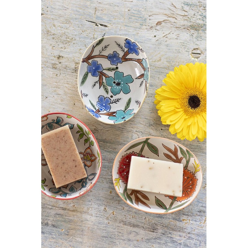 Soap Dish Summer with Floral Patterns in Pastel Oval Ceramic