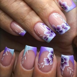 YOSOMMK French Tip Fake Nails Square Short Press on Nails with Floral Designs Glossy False Nail Purple Glue on Acrylic Nail for Women and Girls