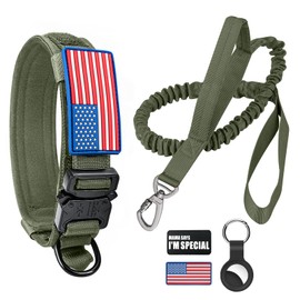 Tactical Dog Collar and Bungee Leash, Camo Military Dog Collar & Leash Set with USA American Flag Adjustable K9 Collar with Heavy Duty Metal Buckle & Handle,with Patches and Airtags Case (M, Green)