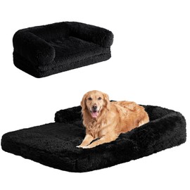EHEYCIGA Foldable XXL Dog Bed, Faux Fur Fluffy Pet Couch Bed for Extra Large Dogs, Orthopedic Calming Memory Foam Big Pet Bed, Washable Soft Pet Sofa Bed with Non-Slip Bottom, Black, 54"x38"x7.5"