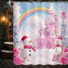 Bcsewcg - Juego de cortinas de ducha de Navidad, divertidas cortinas de ducha de tela, feliz Navidad, bosque, nieve, pino, copo de nieve, escena natural, decoración del hogar, baño, 72 W x 72 L (rosa)