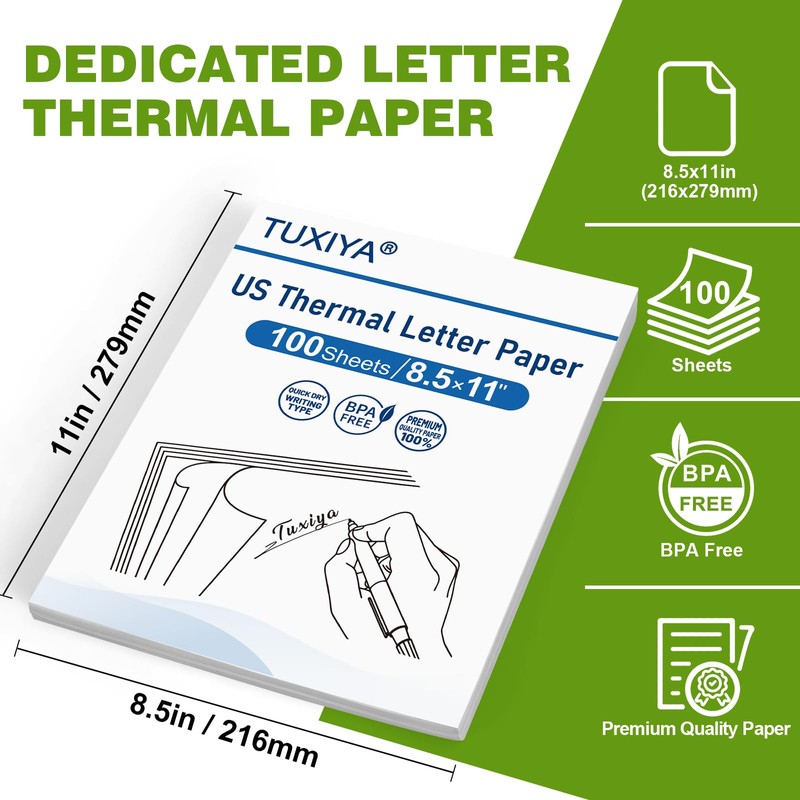 TUXIYA 100 Sheets Thermal Printer Paper 8.5 x 11 Inch,BPA