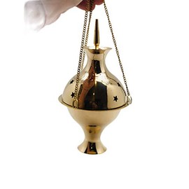 Brass Hanging Censer, Charcoal Incense Burner with Chains, 7" High x 3.5" Diameter