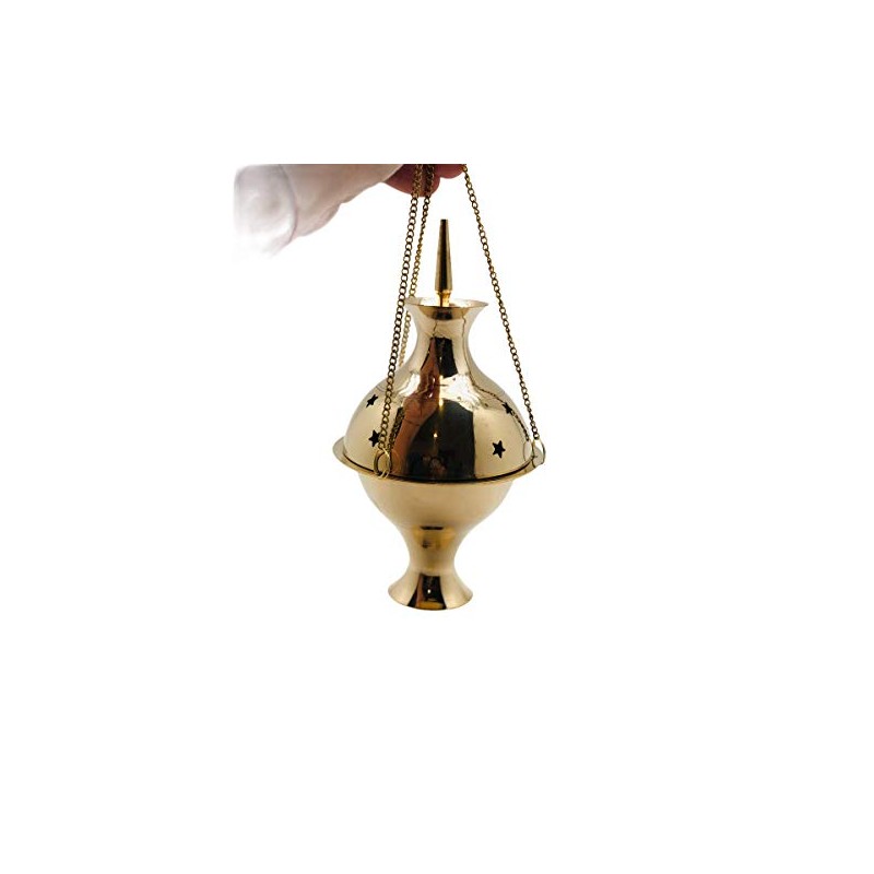 Brass Hanging Censer, Charcoal Incense Burner with Chains, 7" High