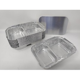 10 x 2 Compartment Aluminium Foil Rectangular Roasting Oven Baking Dish Tray + Lids BBQ Airfryer 203x133x30mm