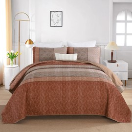 Cottolester Boho Quilt Set Queen Size 3 Pieces,Red Orange Striped Bedspread,Bohemian Farmhouse Bedding Set Soft Microfiber Bedding Set for All Season 96"x90"