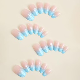 24 Pcs Christmas Fake Nails Almond Press on Nails Blue Gradient Full Cover False Nails with Snowflake Designs Glossy Medium Nails Stick on Nails for Women Acrylic Christmas Nails