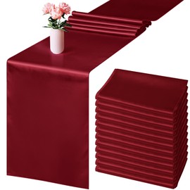 Aneco 12 Pack Satin Table Runner 12 x 108 Inch Burgundy Long Wedding Satin Silk Table Runner for Wedding Banquet Graduations Birthday Party Decoration