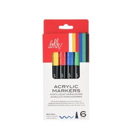 Hello, Artist! Acrylic Markers, Set of 6, Basic Colors, Bright and Vivid, For Crafts, Journaling, Coloring, Artists, Bullet Tip, Home or Classroom Use