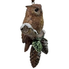 OnHoliday Woodland Animal Bird Owl on Frosted Branch with Pine Cones Hanging Christmas Tree Ornament