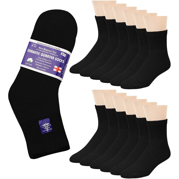 Falari 12-Pack Diabetic Socks Quarter Ankle Physicians Approved Socks Mens Womens Non-Binding Loose Fit Socks (9-11, Black)