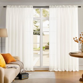 MYSTIC-HOME Extra Wide Sheer Curtains Ivory 84 Inches Long, Window Treatments Rod Pocket Drapes for Living Room, Bedroom, 108 in Width Semi Sheer Curtains for Yard, Villa, Parlor, 108"x 84", 2 Panels