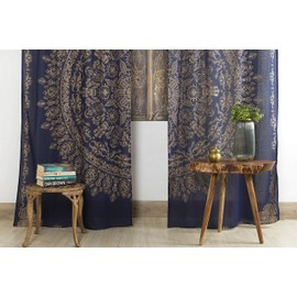 Popular artesanía india hippie mandala bohemio hermosa azul dorado cortina cortina cortina para ventana, recámara, sala de estar, balcón, cenefa