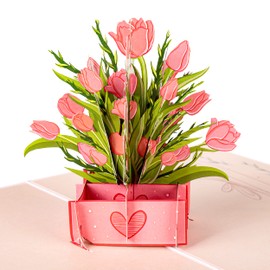 LIMAH® Pop Up 3D Glückwunschkarte zum Geburtstag, Valentinstag, Muttertag, Ostern/für Frau und Mann/Motiv rosa Tulpen in einer Box