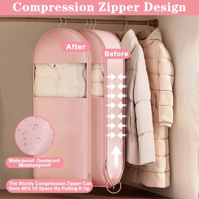 Space Saving Hanging Garment Bag with Self Compression Zipper, Clothes