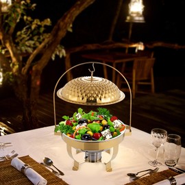 LyeXD Chafing Dishes for Buffet, 6.3QT Round Chafing Dish Buffet Set Hanging Lid Dining Stove w/Lid & Alcohol Burner, Stainless Steel Chafers and Buffet Warmers Sets Food Warmers for Partie (Gold)