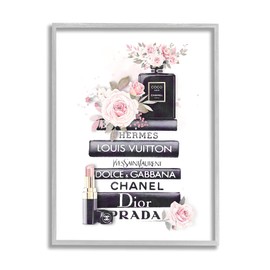 Stupell Industries Pink Roses and Toiletries Fashion Glam Bookstack, Designed by ROS Ruseva Gray Framed Wall Art, Black
