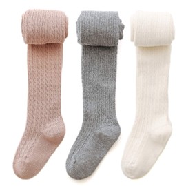 EPEIUS Girl Thick Cable Knit Leggings Kids Warm Cotton Pantyhose Big Girl Stockings Dress Tights School Uniform, White Pink Grey, 8-10 Years