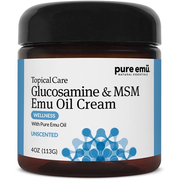 Pure Emu Glucosamine & MSM Emu Oil Cream| Topical Cream Infused with Pure, Fully Refined Emu Oil | Unscented, Gentle Moisturizer, 4 oz