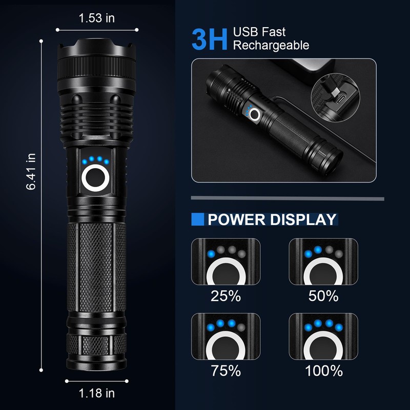 3 Pack Rechargeable Flashlights High Lumens, 990000LM Super Bright LED
