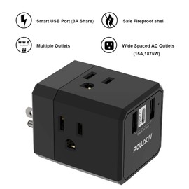 Cruise Ship Essentials, 3-Side Outlet Splitter with 3 USB Ports(1 USB C) USB Wall Charger, Outlet Extender for Home, Office and Cruise, ETL Listed, Black