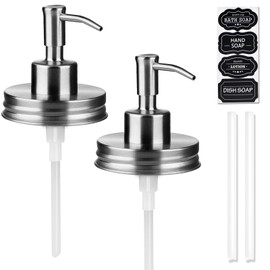 Amolliar Mason Jar Liquid Soap Dispenser Pump, Rust Proof Stainless Steel Lid, Refill Liquid Soap Pump for Kitchen, Bathroom, Cute Farmhouse Decor for Hand Soap, Dish Soap, Lotion Soap, Silver 2 Pack