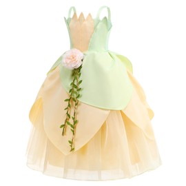 HHYTOKKI Princess Cosplay Frog Dress Costume, Mint Girls Gown with Floral Wand Headband, Jewelry Oversleeves Set 3-11Y (Green Princess Dress, Tag140 (10-11T))
