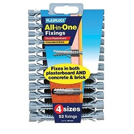 All in One Multi Purpose Multi Fix Use Assorted Size Wall Plugs Heavy Duty Raw Rawl Plug Fixings Brick Stone Cement Concrete Hollow Cavity Partition Partitioning Drywall Professional Hanging Clamps Screw Fixing in Different Sizes  Pack of 52