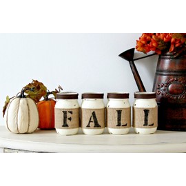 Mason Jars Set Fall Decor Centerpiece | Brown Burlap Tabletop Thanksgiving Decorations | Gift for Mom