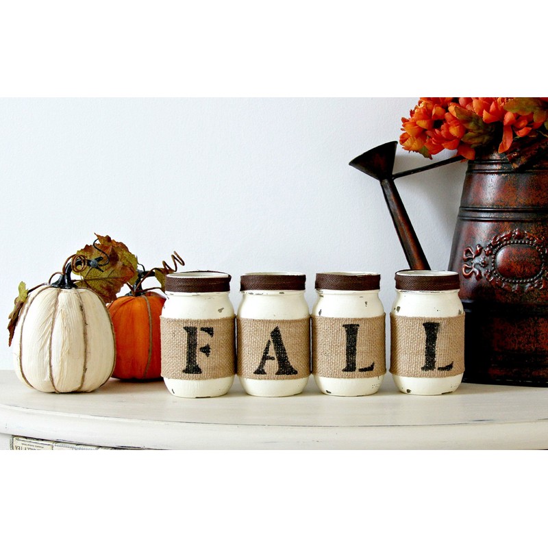 Mason Jars Set Fall Decor Centerpiece | Brown Burlap Tabletop