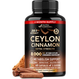 Ceylon Cinnamon Capsules - Extra Strength - Energy Heart & Metabolism Support for Men & Women - Pure Natural Cinnamon 20:1 Extract Supplement - GMO & Gluten Free - Made in USA - 60 Capsules 2 Month