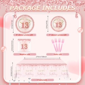 13th Birthday Decorations for Girls,Rose Gold 13 Birthday Girl Decorations Plates and Napkins Forks Table Clothes,13 Year Old Disposable Pink Tableware Set for 20 Guests Teenager Birthday Party