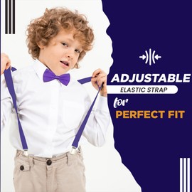 FATASH Kids Elastic Braces & Bow Tie Set | Adjustable Leather-Backed Suspenders Y-Shape Clip-on Toddler | Children's Waistcoat Costume Accessory | Suitable for Boys & Girls Ages Up to 8 Years - Purple