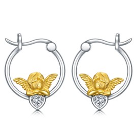 ROMANTICWORK Angel Earrings 925 Sterling Silver 14K Gold Plated Guardian Angel Hoop Huggie Earrings Cherub Angel Wing Jewellery Gifts for Women
