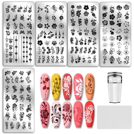 PH PandaHall 5pcs Flower Nail Stamping Plates Rose Nails Art Stencils Swirl Pattern Nail Art Stencils Butterflies Naisl Design Stamp Plate with Stamper and Scraper for Women DIY Print Manicure