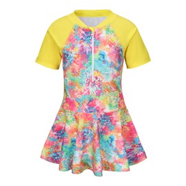 Big Girls One Piece Swimsuits Skirted Bathing Suits for Kids Girls Swim Dress Short Sleeve Hawaiian Swimwear Yellow Fireworks Size 14/12-14 Years