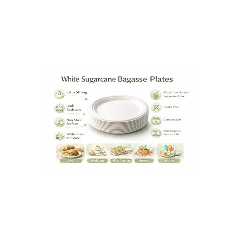1ABOVE 50 Pack Extra Strong White Disposable Bagasse Plates, 100%
