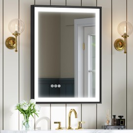 Sogoline 24x32 inch LED Bathroom Mirror with Black Frame, AL Alloy, Beveled Vanity Mirror, Front Light, 3 Colors, Stepless Dimmable, Anti-Fog, Shatter-Proof Tempered Glass, Memory, Horizontal/Vertical