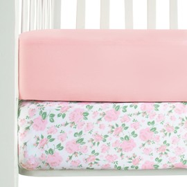 Stretchy Crib Sheets Girl, 2 Pack Baby Crib Sheets Fitted for Standard Crib and Toddler Mattress 52" x 28", Soft and Breathable Fitted Crib Sheets Neutral, Pink & Floral