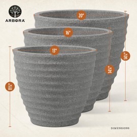 ARBORA 16" Ibiza Polyresin Indoor and Outdoor Planter with Stone Blend Concrete Finish - Durable, Weatherproof, Lightweight, Large Plant Pot for Patio, Garden, Deck, Entryway - 2 Pack