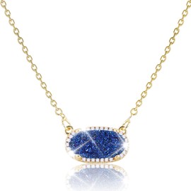 ZLOKBMIN Natural Sparkly Druzy Pendant Necklace 14K Gold Plated Fashion Adjustable Necklace for Women (GOLD-BLUE DRUSY)