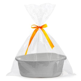 Small Woven Basket with Gift Bags and Ribbons, DIY Basket Gift Set, Cute Baby Gift Basket, Empty Decorative Gift Chest Box, Durable Baskets for Birthday/Baby Shower Gifts, 12"X 8" X 5" (Gray)