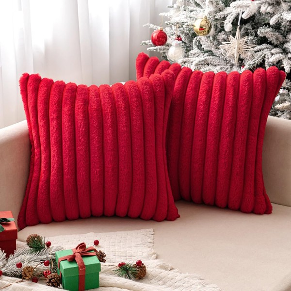 MIULEE Christmas Red Throw Pillow Covers 18x18 Inch Set of 2 Soft Couch Pillow Covers with Velvet Back Faux Rabbit Fur Throw Pillows Decorative Home Decor for Sofa Bedroom Livingroom