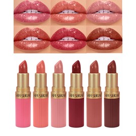 Sparkling Glitter Lipstick Set,6 Pcs Shimmer Nude Pink Brown Dark Rose Red Lip Gloss for Women Long Lasting Waterproof Metallic Diamond Shiny Lipstick Non-Stick Lipgloss Lip Color labiales Makeup Gift