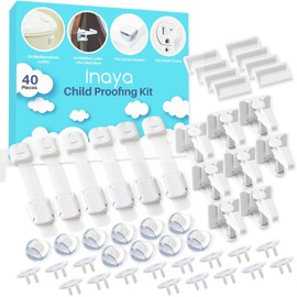 Inaya Kit Completo de Protección para Bebés - Cerraduras Ocultas de Seguridad Infantil para Gabinetes y Cajones, Cerrojos de Seguridad Ajustables, Protectores de Esquinas y Cubiertas de Enchufes