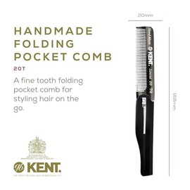 Kent 20T - Peine de bolsillo plegable hecho a mano de grafito negro para hombres, peine de dientes finos para el cuidado diario del cabello, barba o b
